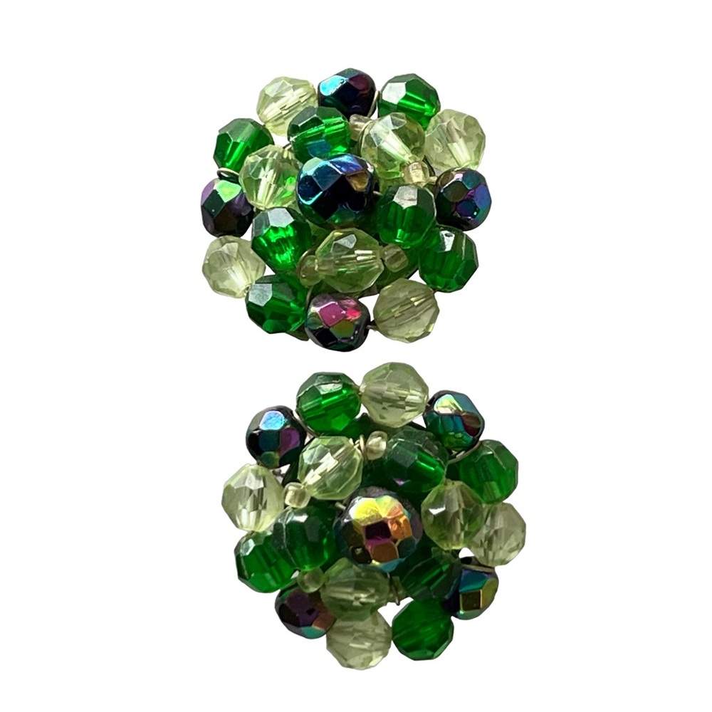 clip on earrings green bead clusters mid century signed West Germany